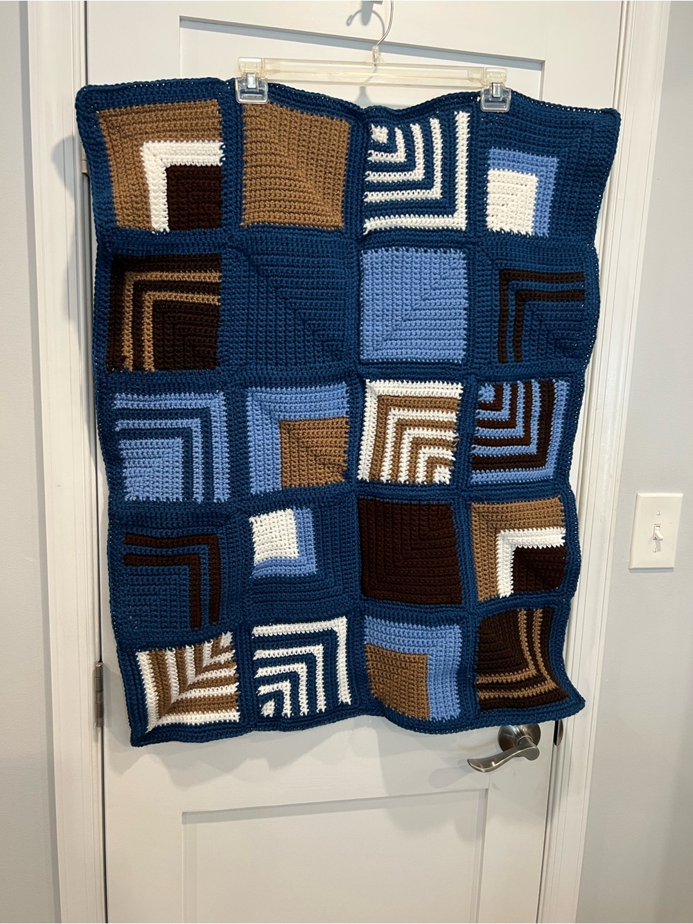 Handmade Kids Crochet Patchwork Blanket - Blue, Brown & White